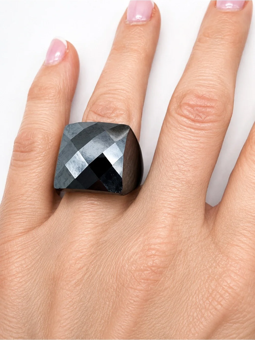 Hematite Faceted Ring Statement 8 Cocktail Checkerboard Natural 21g Large Carved